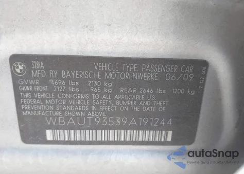 2009 BMW 328I z USA, uszkodzony, nr VIN WBAUT93539A191244
